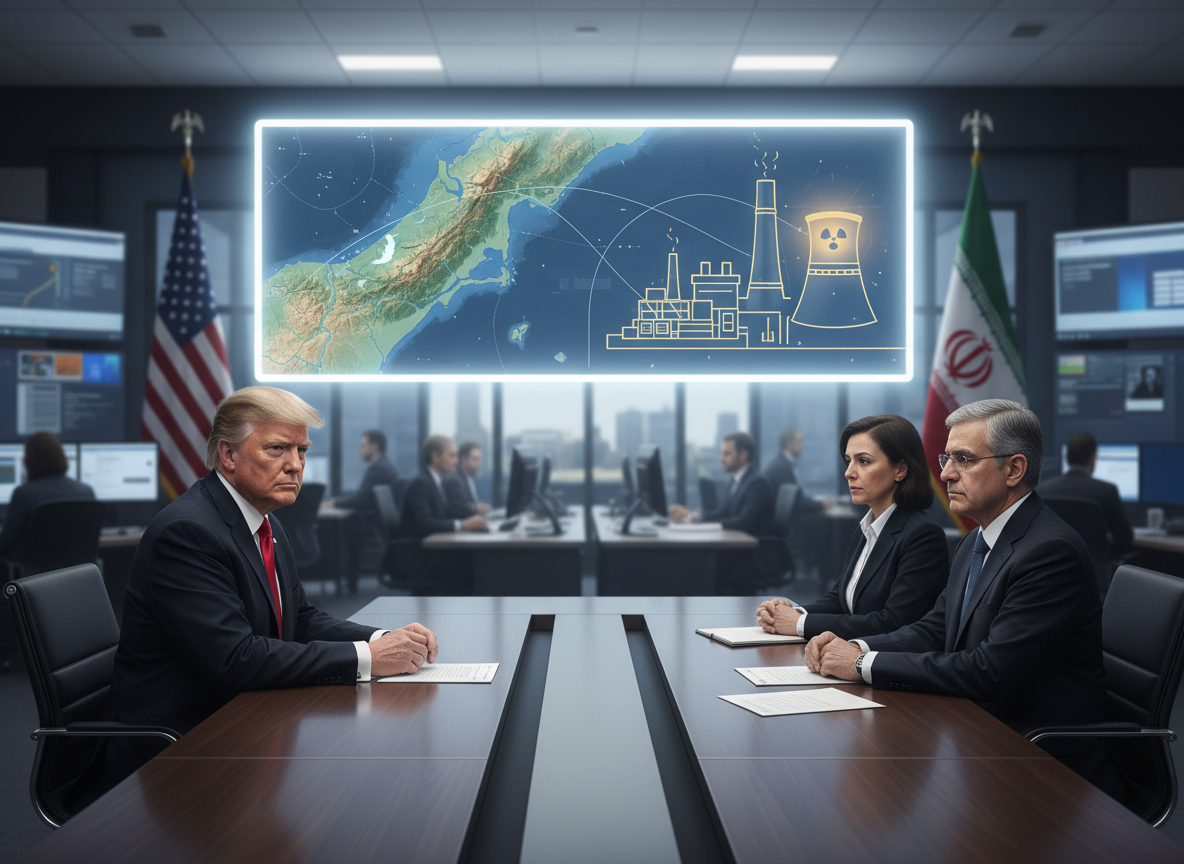 Editorial news photograph-style illustration for a 2026 international news article about U.S.-Iran nuclear diplomacy: Donald Trump and Iranian diplomatic representatives symbolically separated by a negotiating table, subtle U.S. and Iranian flags in background, map of Strait of Hormuz and a nuclear facility motif on a large screen, serious newsroom aesthetic, realistic, no propaganda, landscape 16:9, no text, suitable as a newspaper featured image.