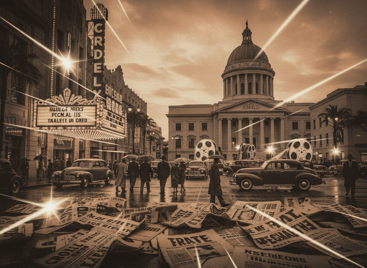 Editorial-style 16:9 featured image for a historical Hollywood scandals article: vintage Hollywood boulevard, classic cinema marquee, newspaper headlines, camera flashes, courthouse silhouette, film reels, dramatic but tasteful documentary mood, no real celebrity likenesses, no readable text, high contrast, suitable for Google Discover thumbnail.