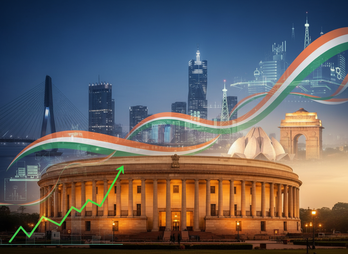 Parliament Building in Delhi with a rising green line graph and Indian tricolor ribbons overhead, suggesting growth and progress over a city skyline.