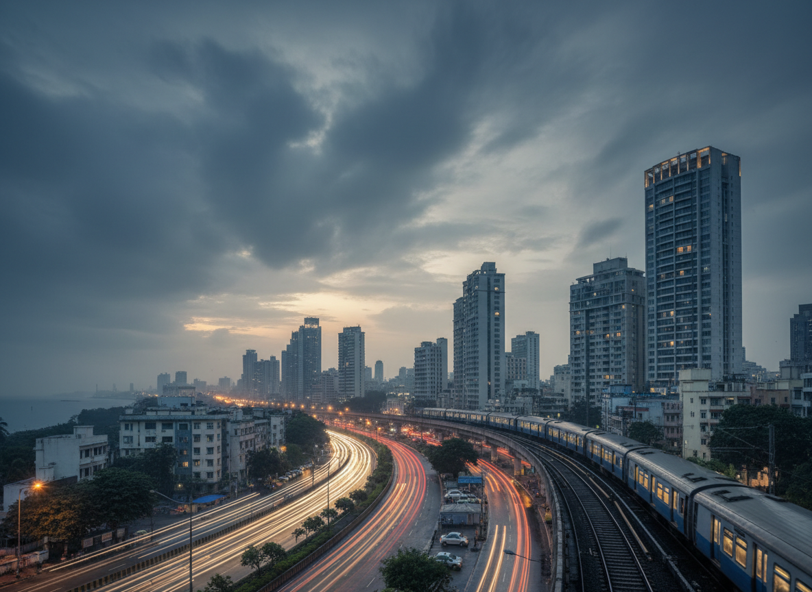 Mumbai skyline with Marine Drive and local train