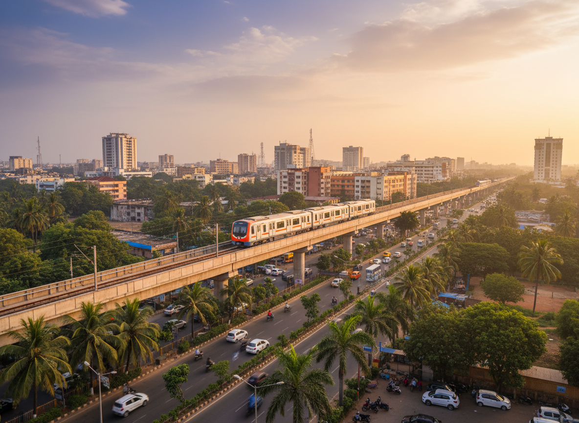 Nagpur city skyline with metro train and urban road