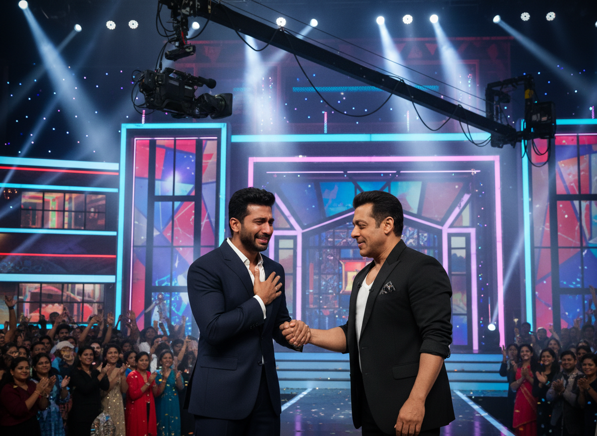 Realistic entertainment-news style photograph of Indian actor Aasif - NewsNation Online Realistic entertainment-news style photograph of Indian actor Aasif Khan and Salman Khan together on the Bigg Boss 20 stage, Aasif visibly emotional while meeting Salman, Salman warmly greeting him, iconic reality-show stage and Bigg Boss house atmosphere in the background, dramatic studio lighting, premium television entertainment-news look, cinematic but photorealistic, 16:9 landscape composition, no text, no watermarks, no logos. Suitable as a Hindi news website featured image.