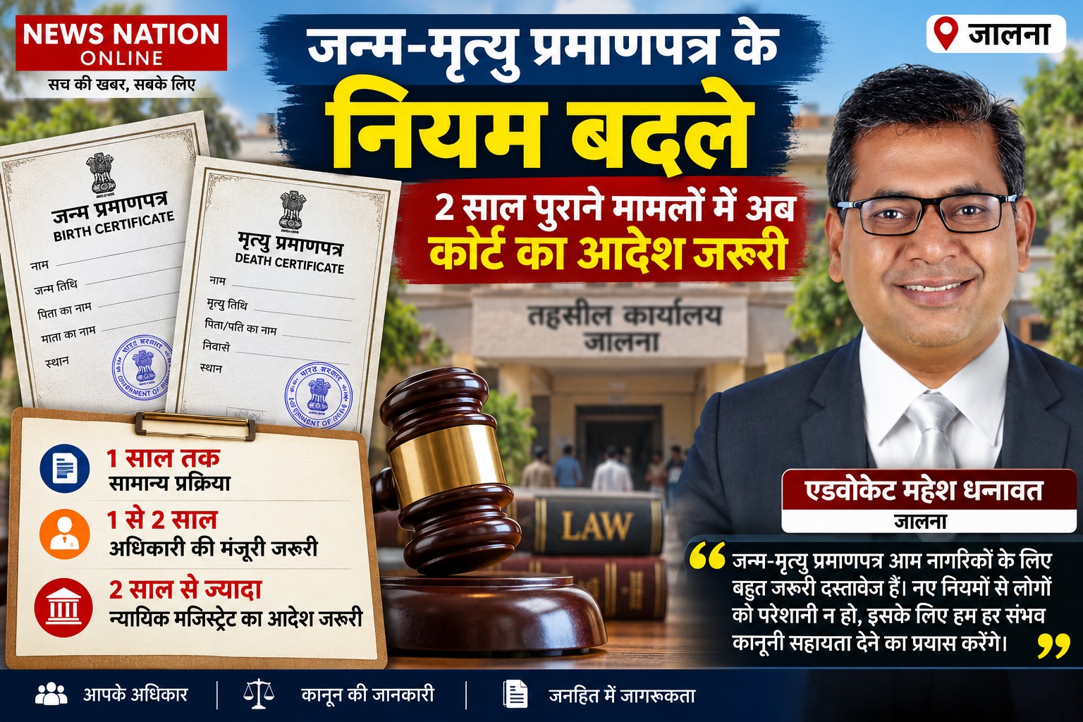 Untitled - September 04 2026 at 222045 - NewsNation Online News Nation Online thumbnail announcing new birth/death certificate rules; two certificates, a gavel, and a smiling man in a suit outside a courthouse.