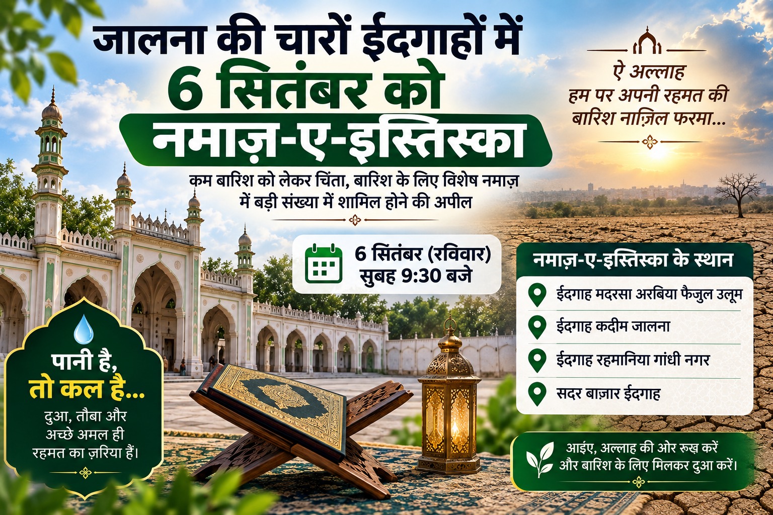 Untitled - September 05 2026 at 141202 - NewsNation Online Poster announcing 6 सितम्बर को नमाज़-ए-इस्तेर्का और स्थानों के बारे में जानकारी (मकसद: बुधवार/रविवार) के साथ धार्मिक सभा का प्रचार