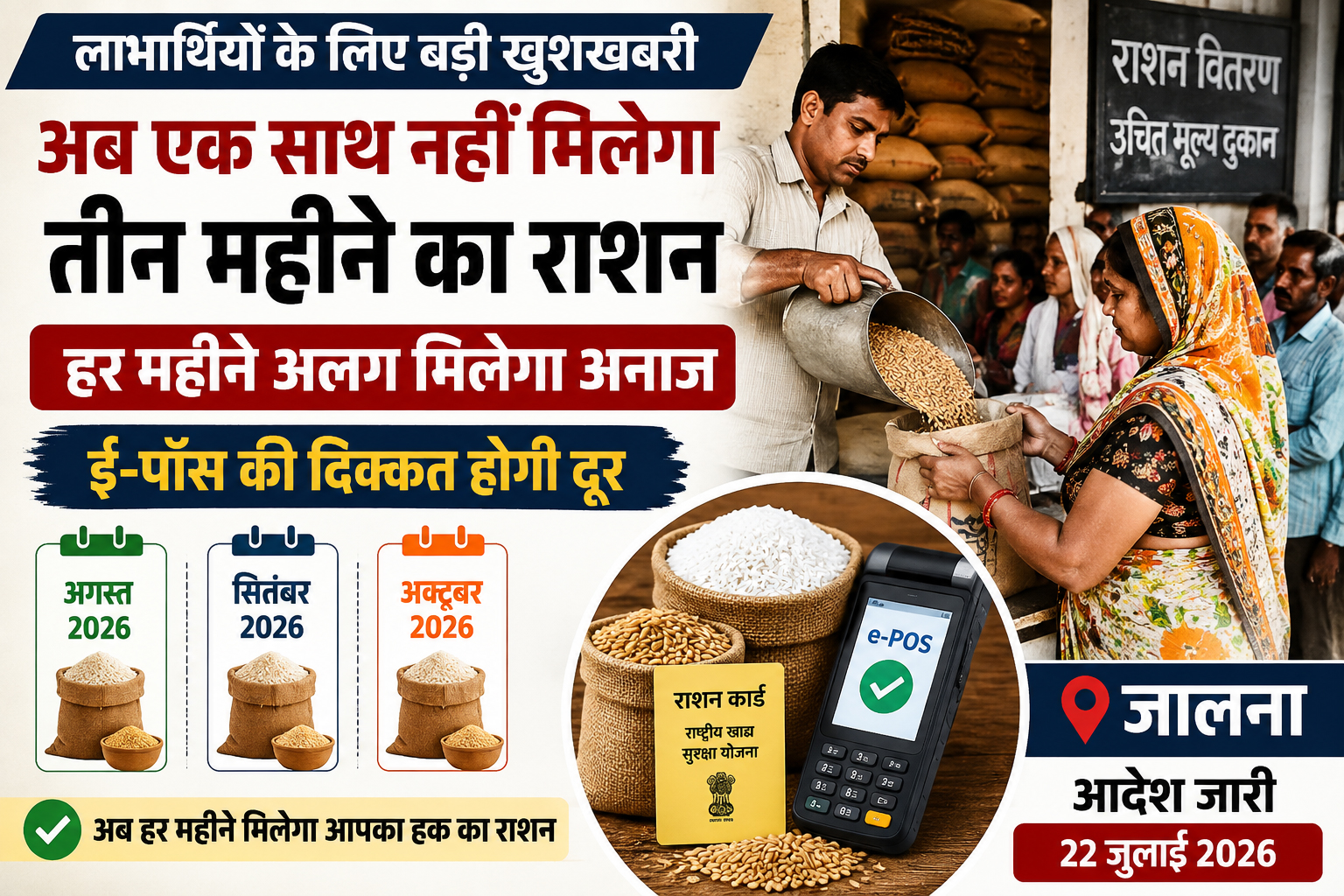 edited-photo (12) - NewsNation Online Poster announcing free or subsidized ration through e-pos in India, shows a man pouring grains to a woman at a ration shop with text about monthly ration, dates, and benefits for 2026 (कलना) .