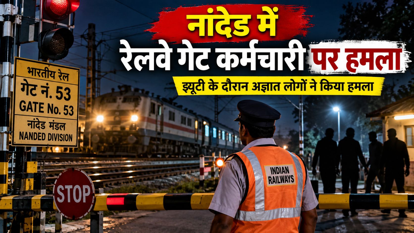 edited-photo(1) (16)1373069799122472359. - NewsNation Online Night-time railway crossing at Nanded with a guard in an orange vest; train in the background and bold Hindi headline across the top about a claim on the railways.
