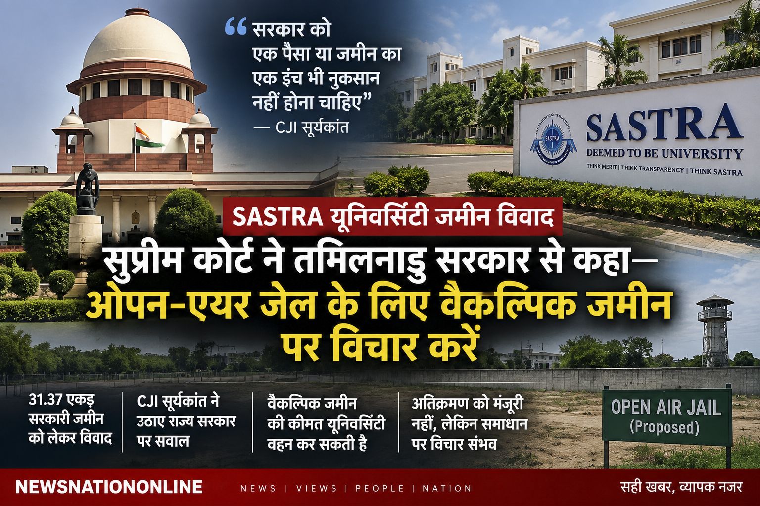 edited-photo(1) (21)231967811218582252. - NewsNation Online Collage showing SASTRA University sign and campus with Hindi news headline about the Supreme Court advising the Tamil Nadu government on open-air jail land.