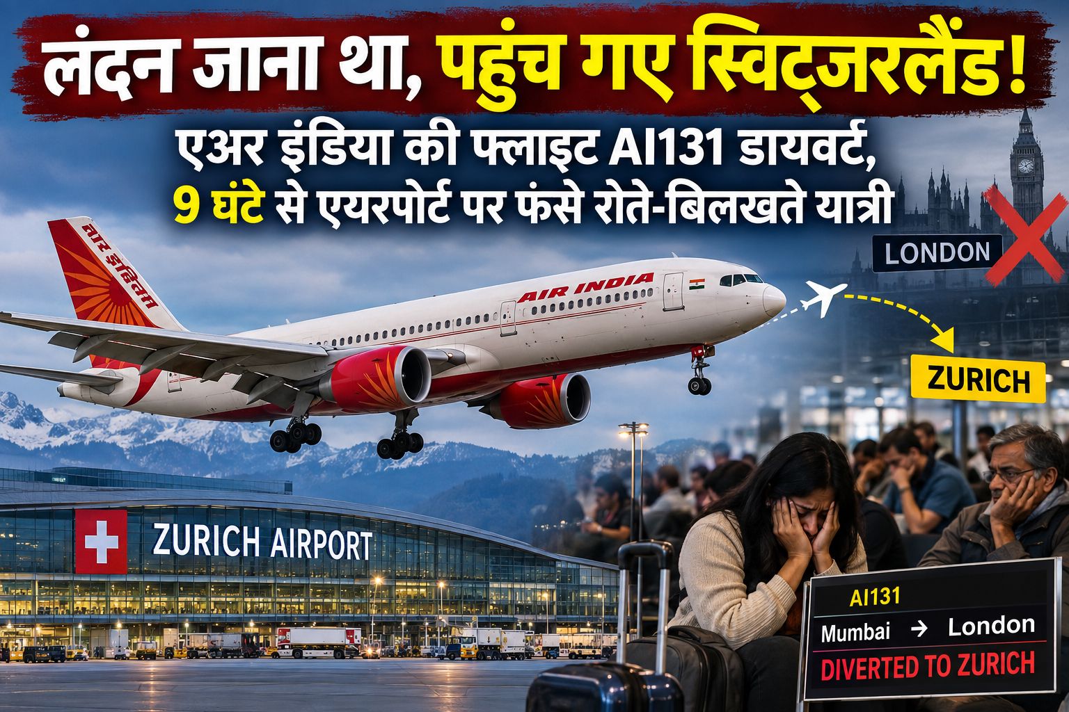 Air India flight AI131 diverted to Zurich; distressed passengers at Zurich Airport with a prominent 'DIVERTED TO ZURICH' sign in view.