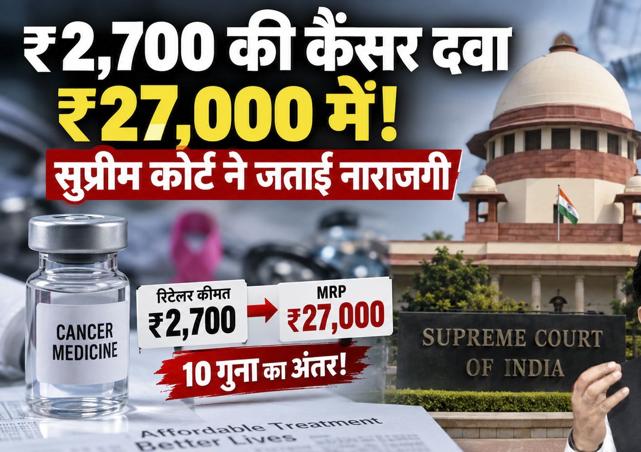 Collage showing a cancer medicine bottle with price tags from ₹2,700 to ₹27,000 and the Supreme Court of India in the background.