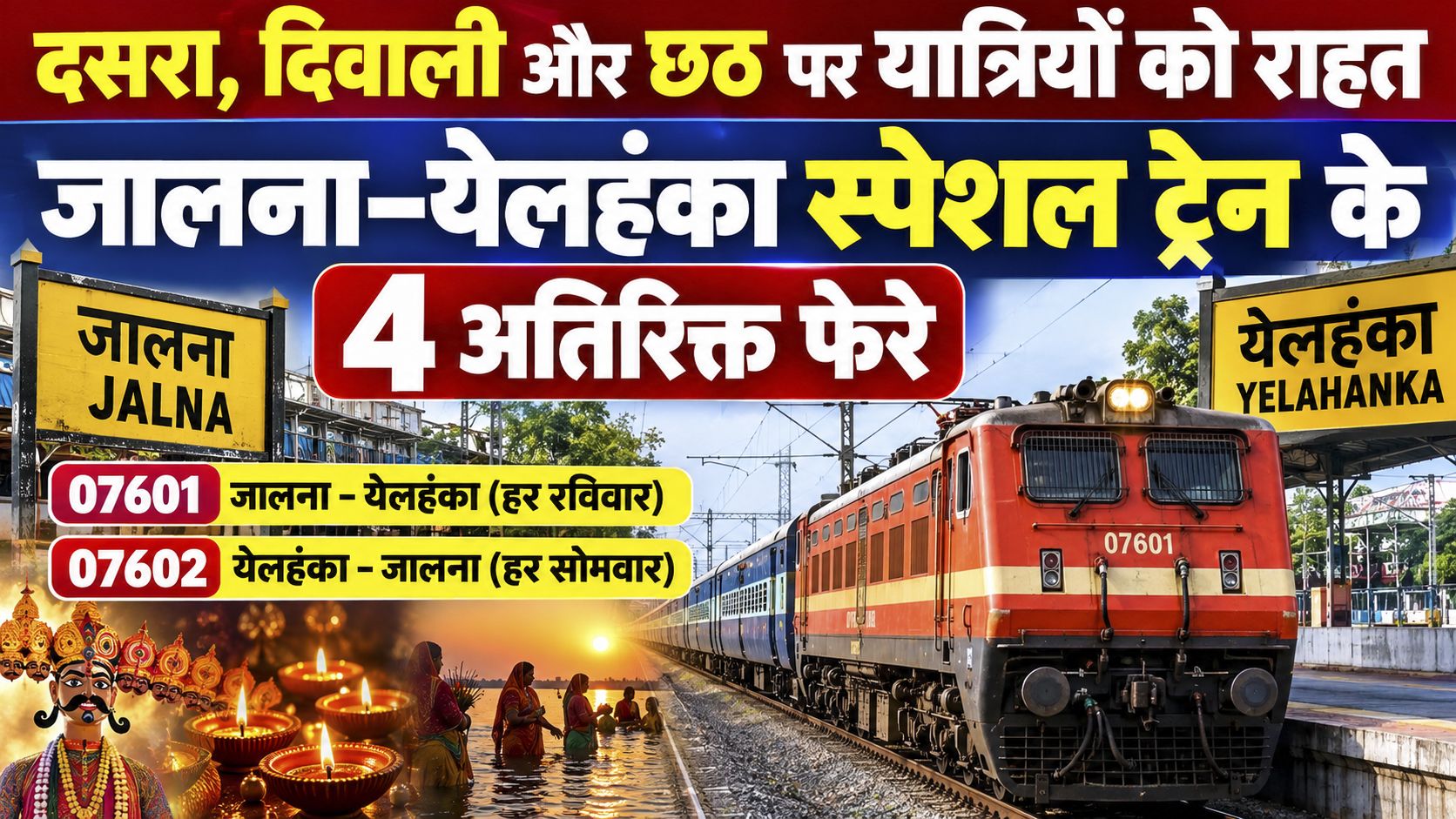 Hindi banner announcing four extra runs of the Jalna–Yelahanka rail special train for Dussera, Diwali, and Chhath; signs read JALNA and YELAHANKA with a red locomotive nearby.