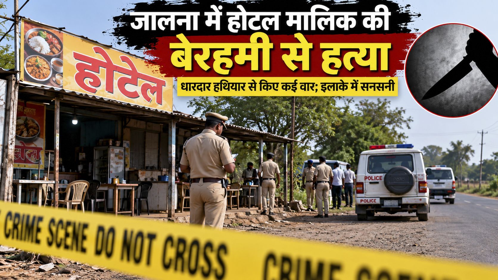 News photo from Jalna showing police investigating a roadside hotel scene with 'CRIME SCENE DO NOT CROSS' tape in the foreground and officers talking nearby; headline in Hindi about a brutal hotel owner’s murder.