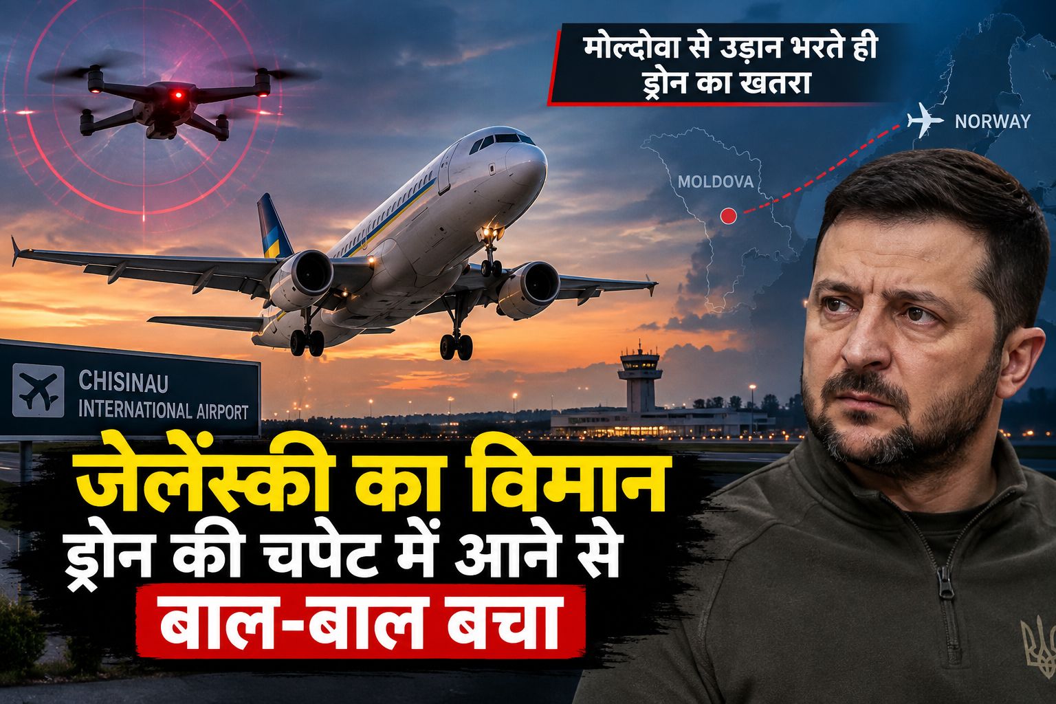 edited-photo(1) (9)5004731973187145709. - NewsNation Online News thumbnail showing a pensive Ukrainian president on the right, a plane taking off at Chisinau International Airport, a hovering drone with red targeting rings in the sky, and a Moldova map with Norway marked; Hindi headline about a threat from drones.