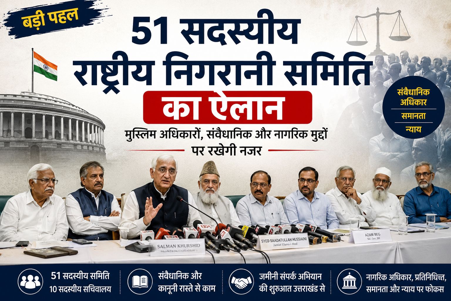 edited-photo (13)1207884278529488323. - NewsNation Online Banner announcing the launch of a 51-member national monitoring committee; a press conference table with leaders, microphones, and the Indian flag visible, Parliament building graphic in the background.