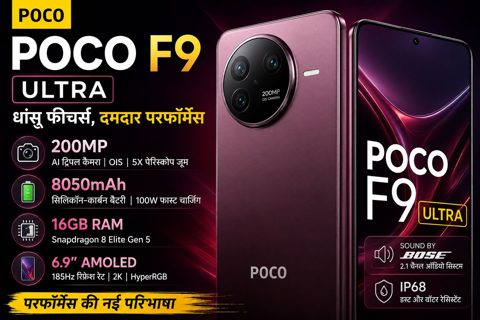 edited-photo (14)5100850104517441296. - NewsNation Online Promotional banner for POCO F9 Ultra smartphone highlighting 200MP camera, 8050mAh battery, 16GB RAM, and 6.9-inch AMOLED display.