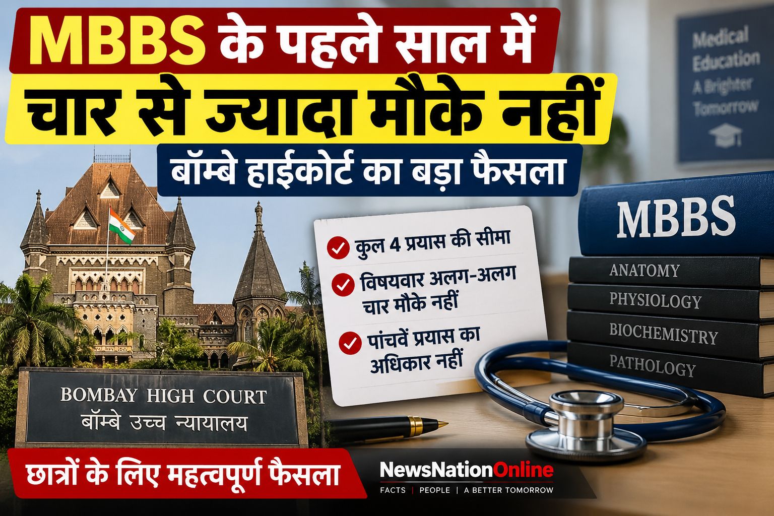 edited-photo (28)8390503995719669223. - NewsNation Online News thumbnail: Hindi text about MBBS first year chances, Bombay High Court decision, with medical books and stethoscope in a collage.