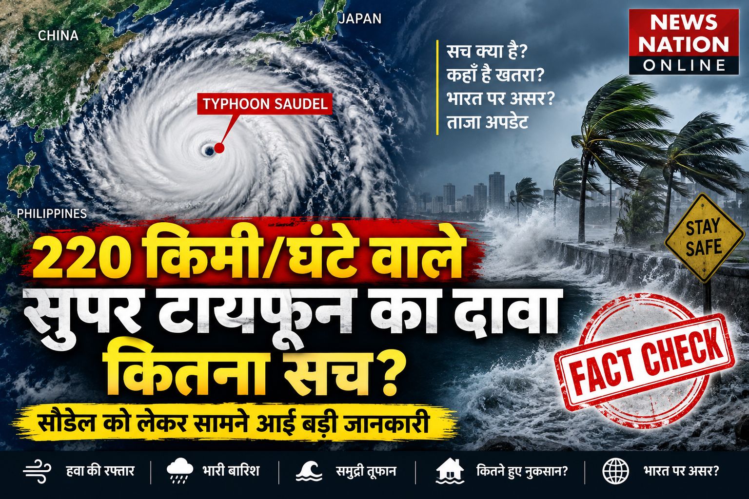News thumbnail about Typhoon Saudel: satellite image of a spiraling cyclone with bold Hindi headline and 'Fact Check' stamp, cityscape and palm trees in the background.