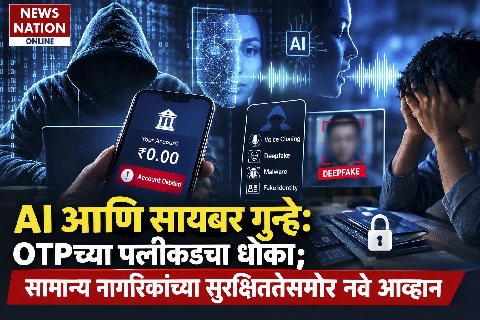 Hacker in a hoodie with a laptop, a phone showing 'Account Debited' and an AI/fraud icon cluster while a worried person sits nearby.
