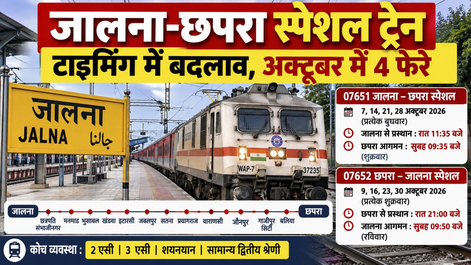 जालना-छपरा स्पेशल ट्रेन अक्टूबर 2026 संशोधित समय सारिणी