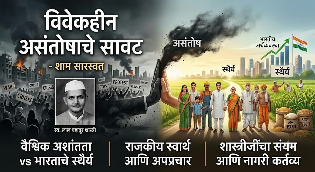 Poster-style image contrasting crisis on the left with a rising future on the right: protests, smoke and a framed portrait in the center; Indian farmers, crops, and a rising chart with the flag on the far right.