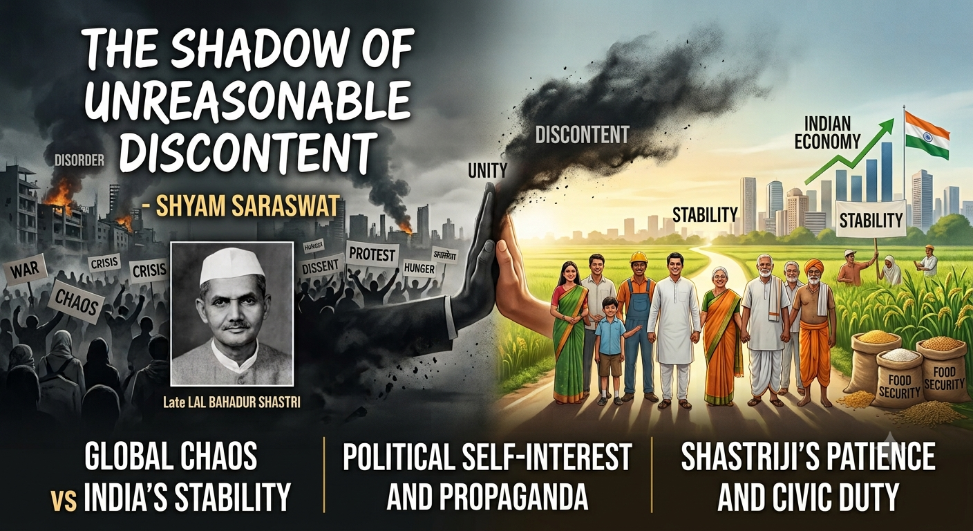 Split-panel infographic: left side shows chaos and protests with Shastri portrait; right side depicts growth, prosperity, and Indian farmers with food security symbols, labeled Unity, Discontent, Stability, and Indian Economy.