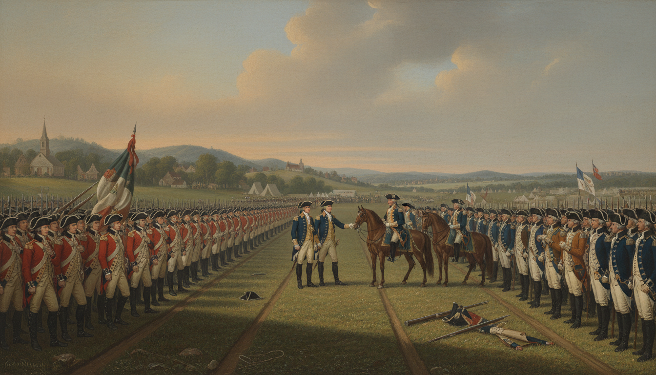 Historical editorial illustration representing the British surrender at Yorktown in 1781