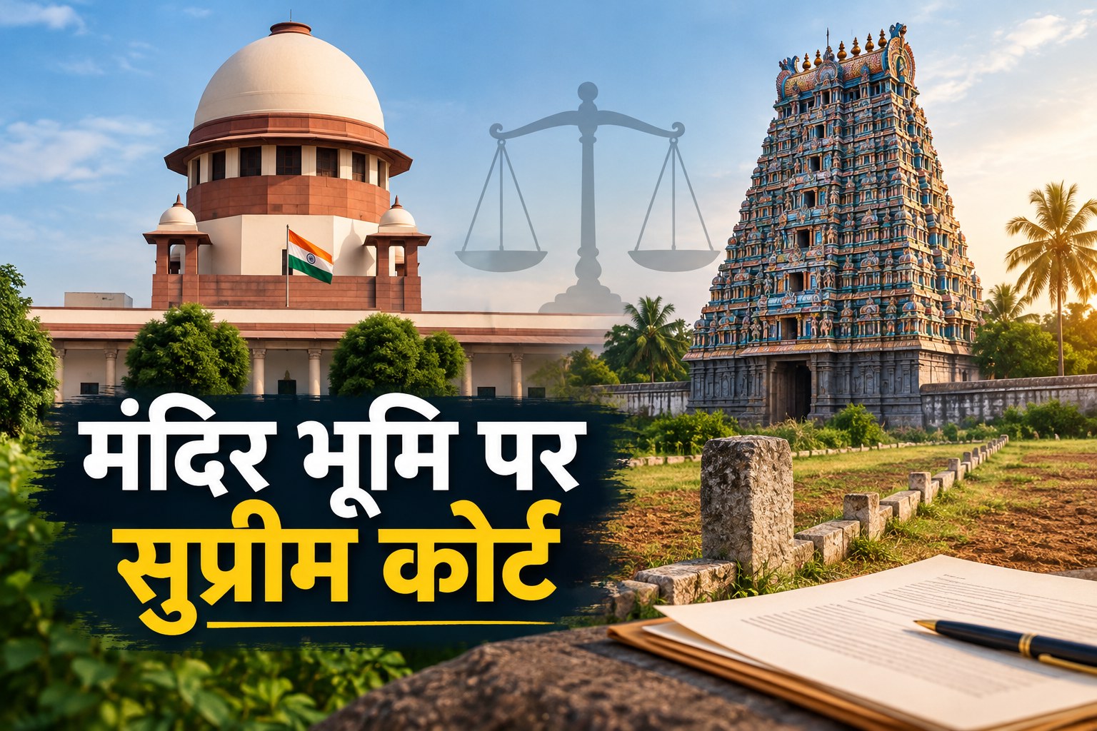 Composite image showing the Indian Supreme Court building on the left and a colorful temple tower on the right, with a faint scales watermark and bold Hindi text overlaid about temple land and the Supreme Court.