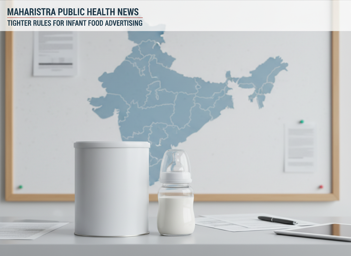 A professional editorial news illustration for a Maharashtra public-health story about tighter rules on infant formula and baby food advertising. Show a sealed infant formula tin, a baby feeding bottle and a subtle Maharashtra map motif on a clean newsroom-style background. No real people, no logos, no brand names, no medical claims, realistic photography-inspired composition, horizontal 16:9, suitable as a news website featured image.
