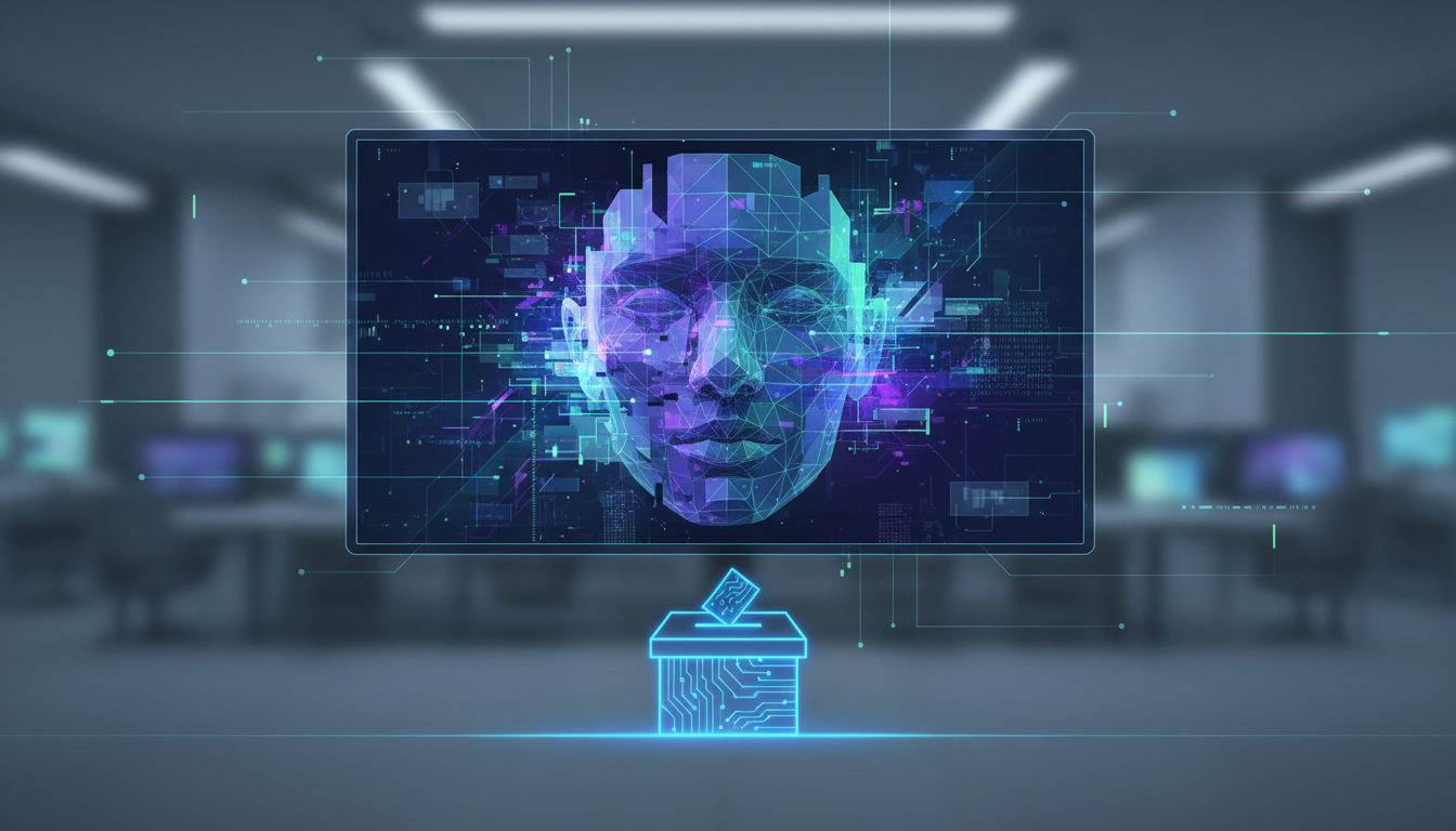 Illustration of a video screen with a synthetic digital face and election ballot imagery