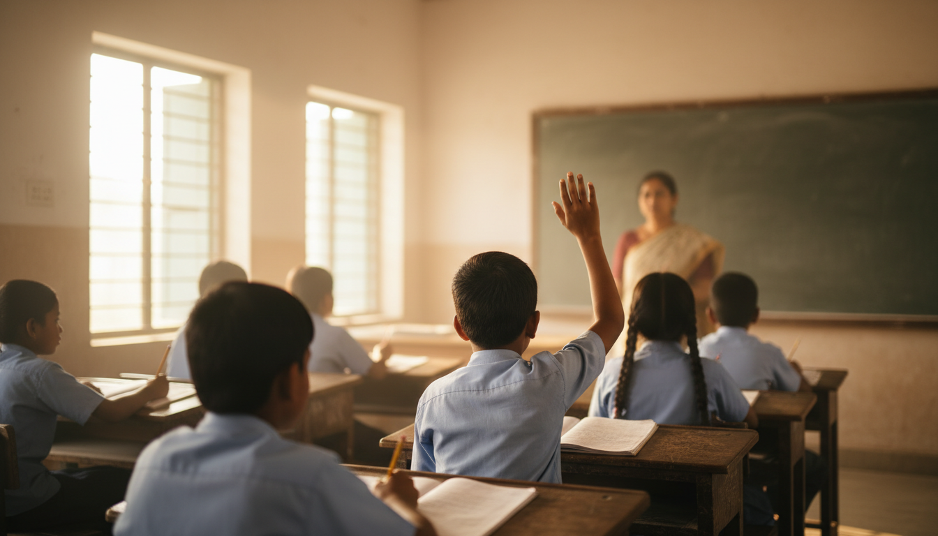 Student raises a hand to ask a question in a warm, naturally lit Indian classroom.