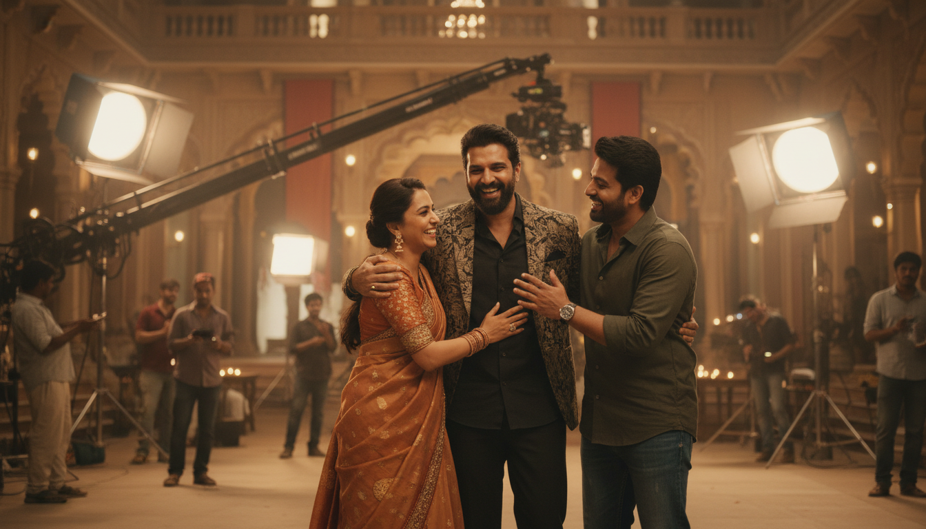 Film set reunion representing reports of a possible Bhediya team reunion