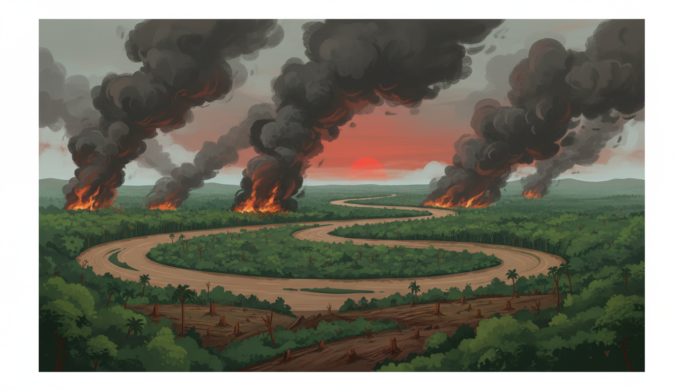 Editorial landscape illustration of smoke rising above Amazon rainforest and river near Manaus, environmental news, no people, no text