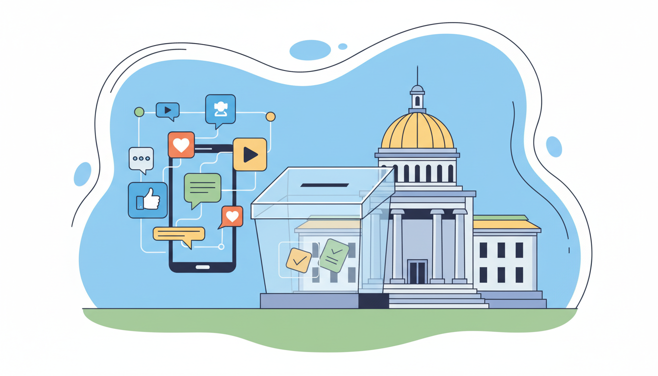 Editorial illustration of smartphone social media icons beside Brazil electoral ballot box and courthouse, no people, no text