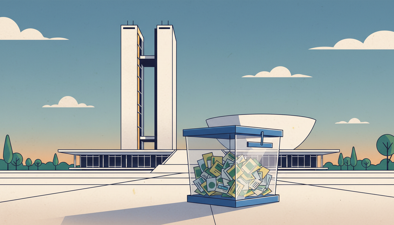Editorial illustration of Brazilian National Congress building in Brasilia with campaign ballot box, no people, no text
