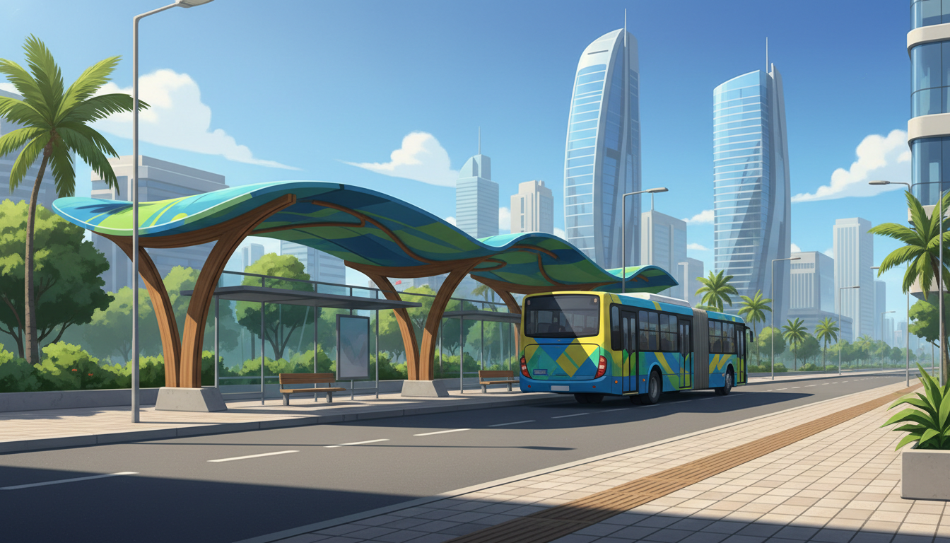 Editorial illustration of modern Brazilian city public bus and transit stop, bright daytime, no people, no text