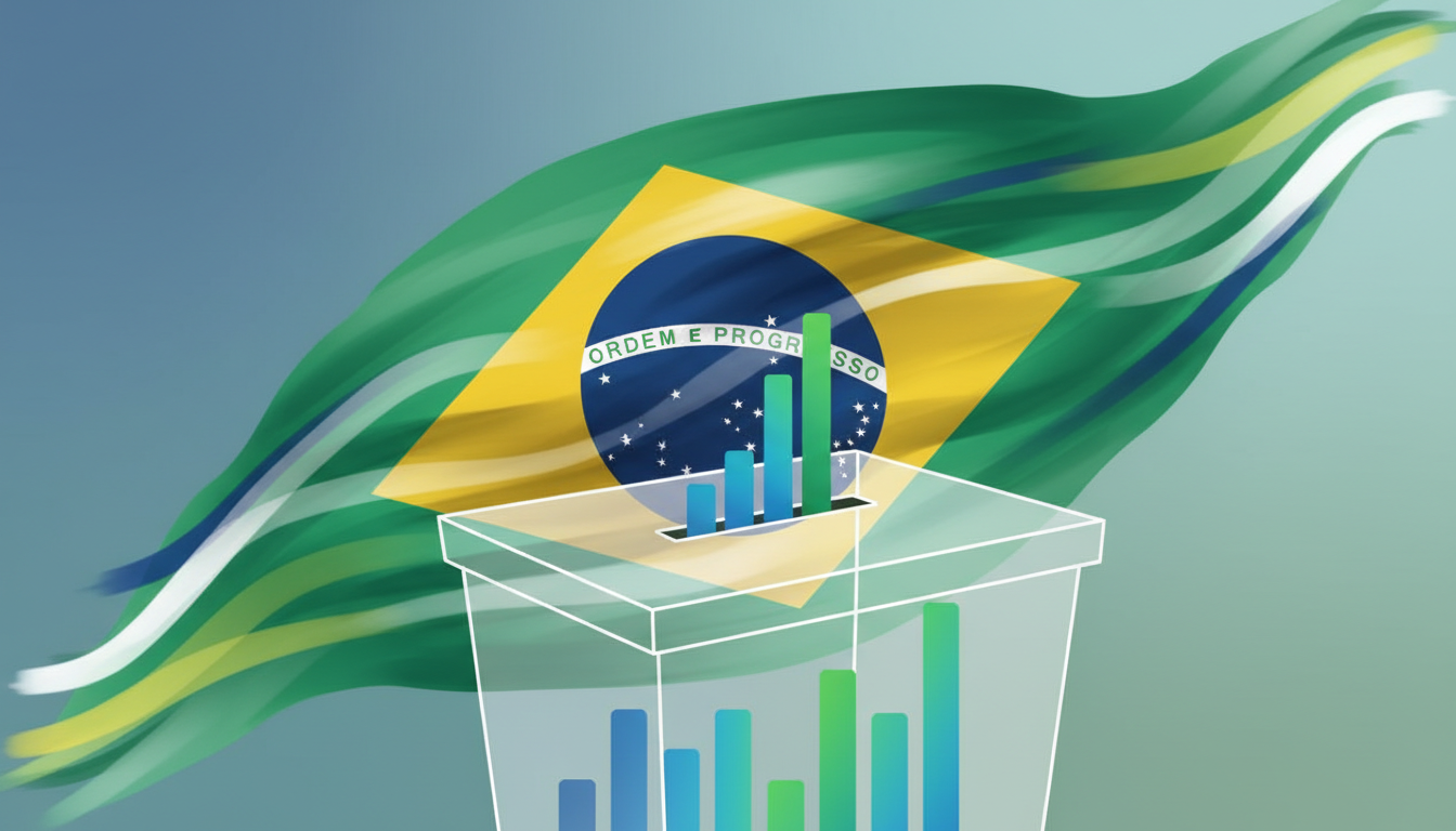 Editorial illustration Brazilian election ballot box with abstract polling bars and Brazil flag, no people, no text