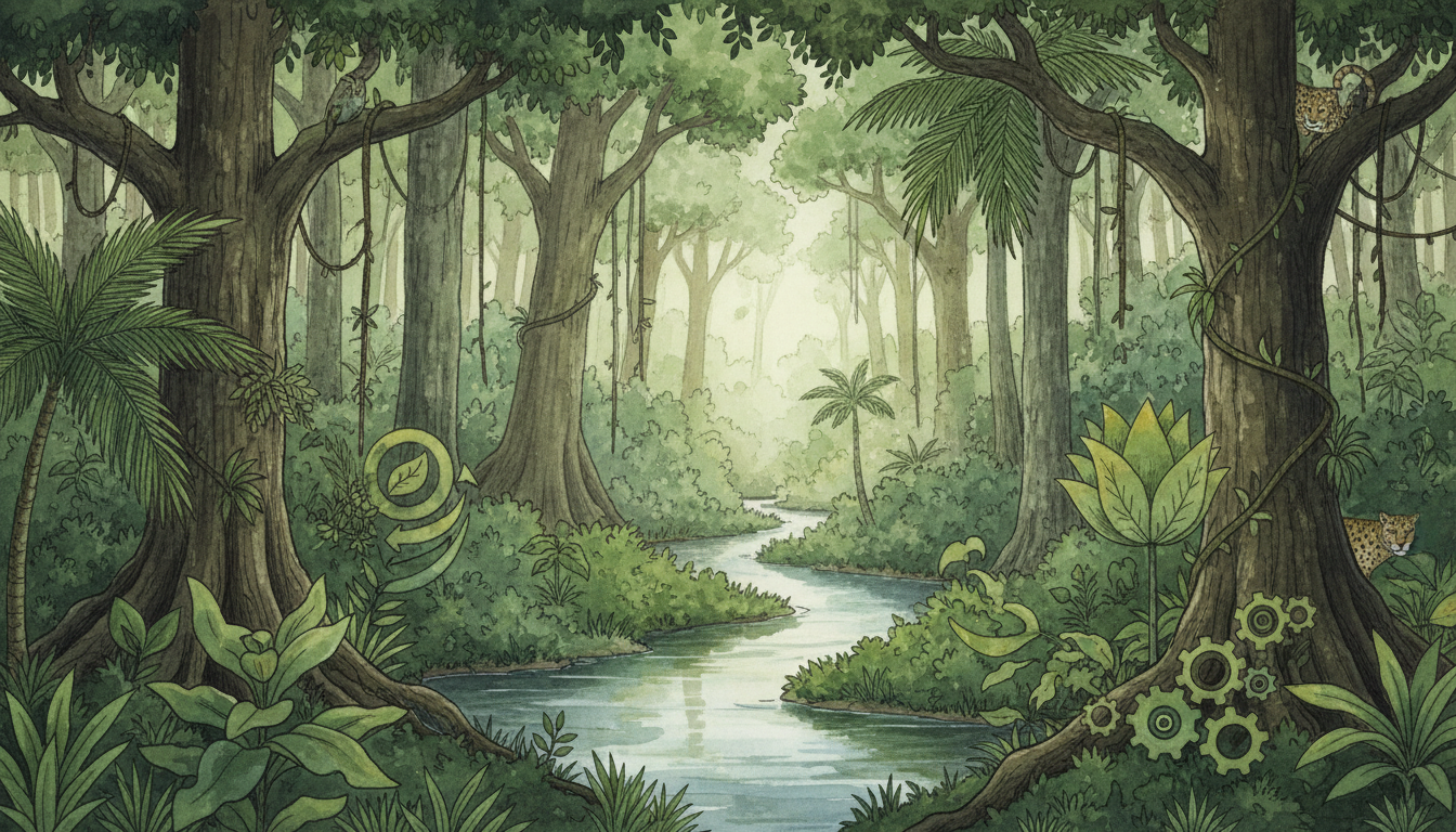 Editorial illustration Amazon rainforest with subtle climate finance symbols, conservation theme, no people, no text