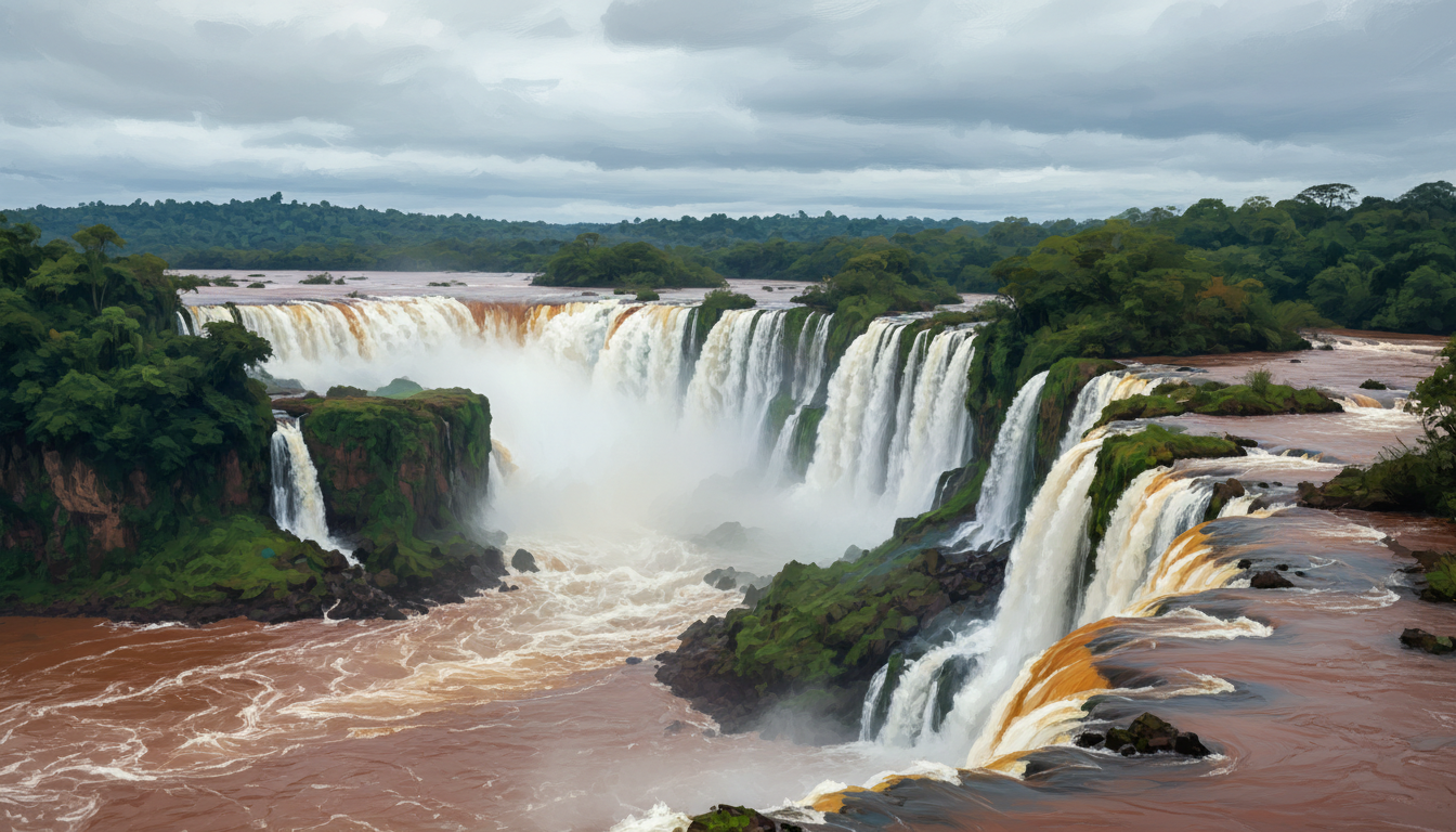 Editorial landscape illustration Iguazu Falls waterfall and river during high water, no people, no text