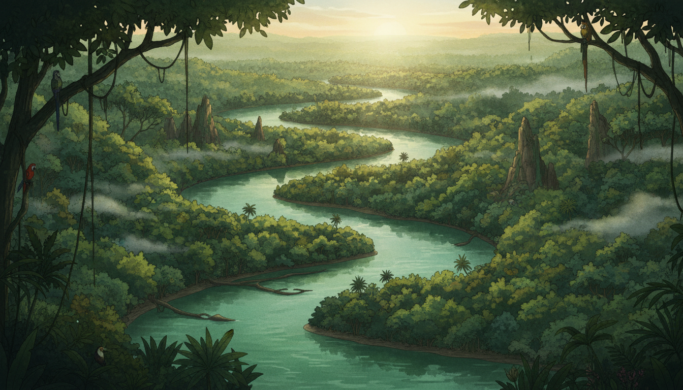 Editorial landscape illustration of Amazon rainforest conservation and river in Brazil, no people, no text