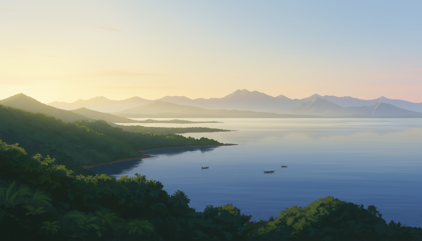 Illustration of Lake Tanganyika shore and green hills in Burundi