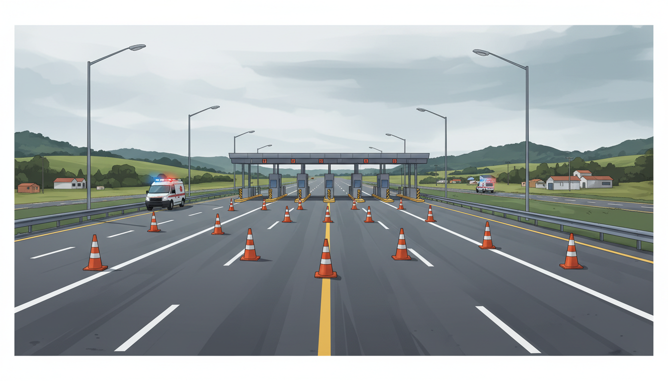 Illustration of a highway toll plaza representing security concerns in Cauca