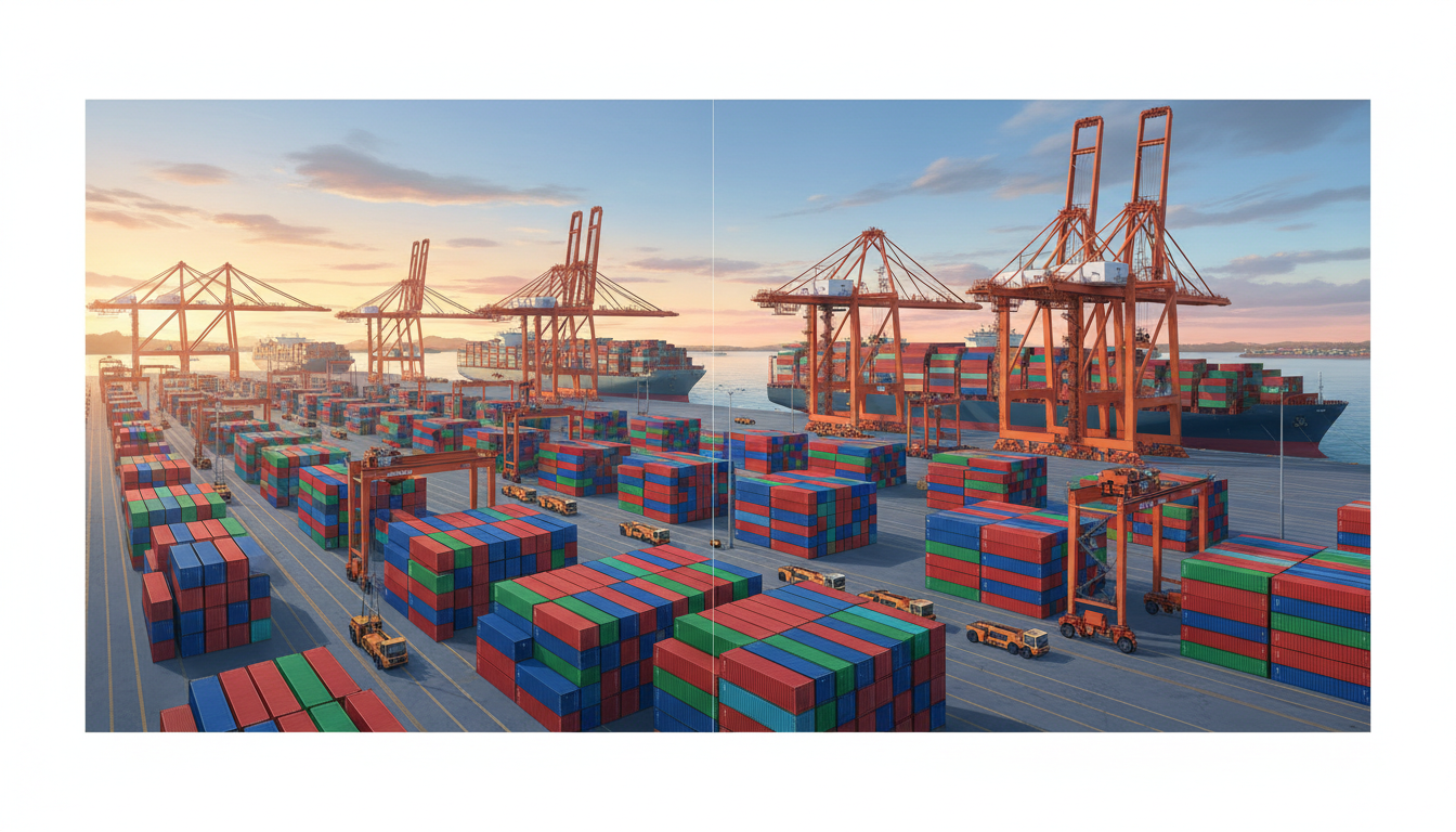Cargo containers and cranes at a Chinese export port