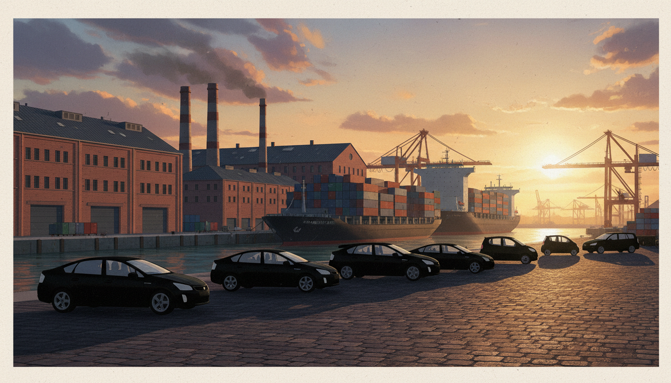 Hybrid vehicles at a port representing EU-China automotive trade
