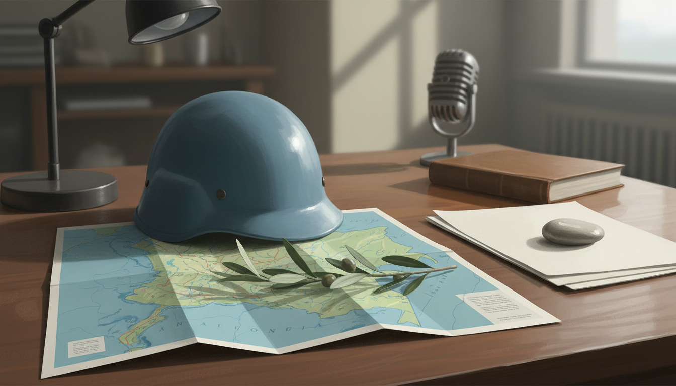 Illustration of a peacekeeping helmet and map of Colombia representing UN peace verification