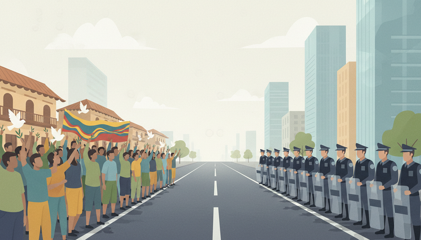 Illustration of police and peaceful demonstrators in Colombia