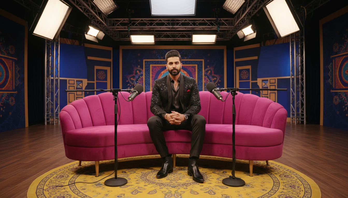 Talk-show studio scene representing an entertainment interview