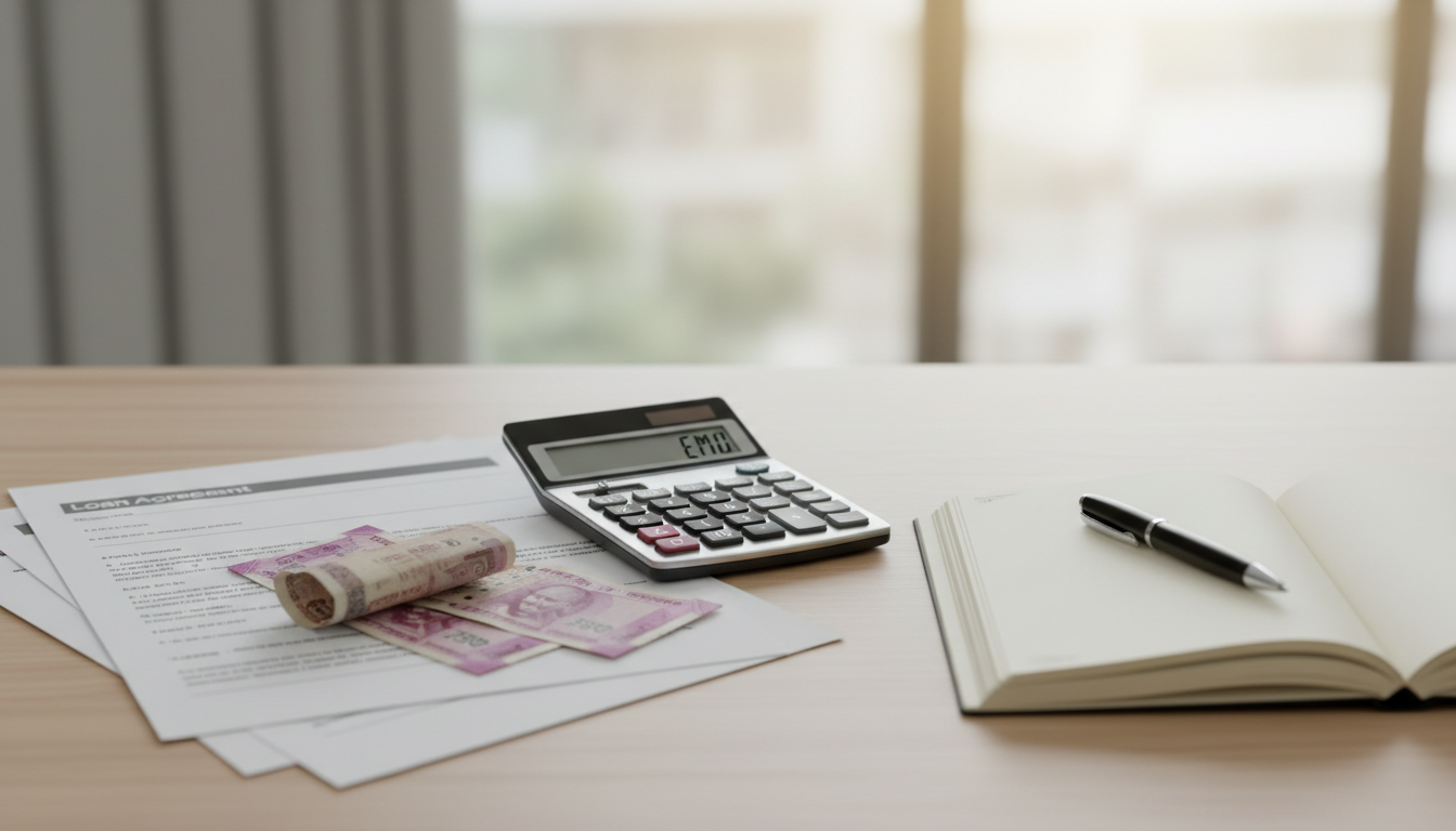 EMI क्या है और इसकी गणना कैसे होती है? - NewsNation Online Loan documents with rolled cash, a calculator showing EMI, and an open notebook with a pen on a wooden desk