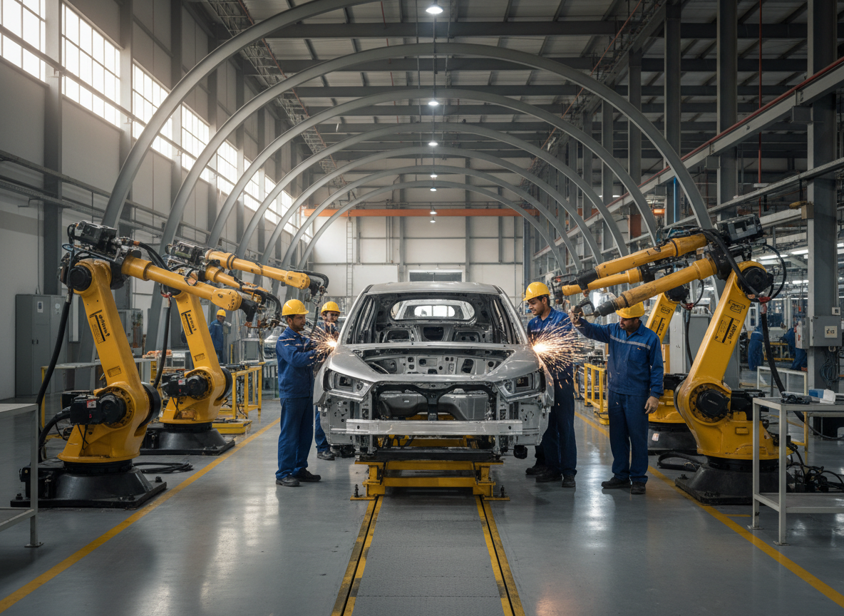 Editorial automotive manufacturing image of premium compact SUV assembly line in Chhatrapati Sambhajinagar industrial plant, workers and robotic manufacturing, no visible brand logos, no text, 16:9