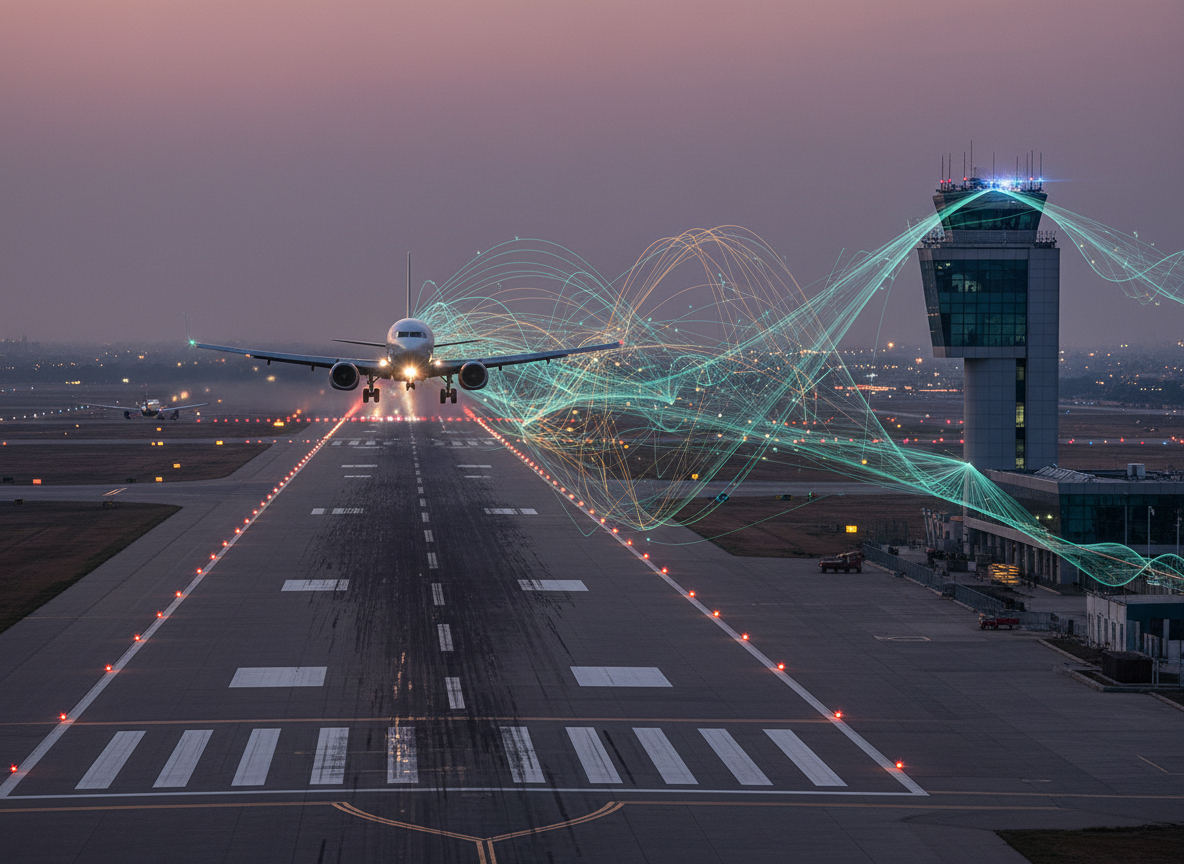Editorial aviation technology image of Chhatrapati Sambhajinagar airport - NewsNation Online Editorial aviation technology image of Chhatrapati Sambhajinagar airport runway with aircraft and abstract ADS-B surveillance signal visualization, realistic, no logos, no text, 16:9