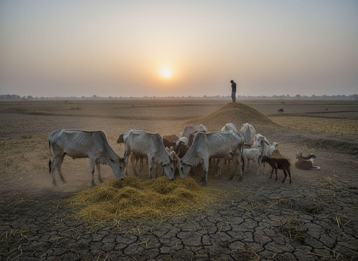 Editorial drought image of cattle and livestock near dry fodder in rural Jalna Maharashtra, farmer silhouette, parched field, realistic news photography, no text, 16:9