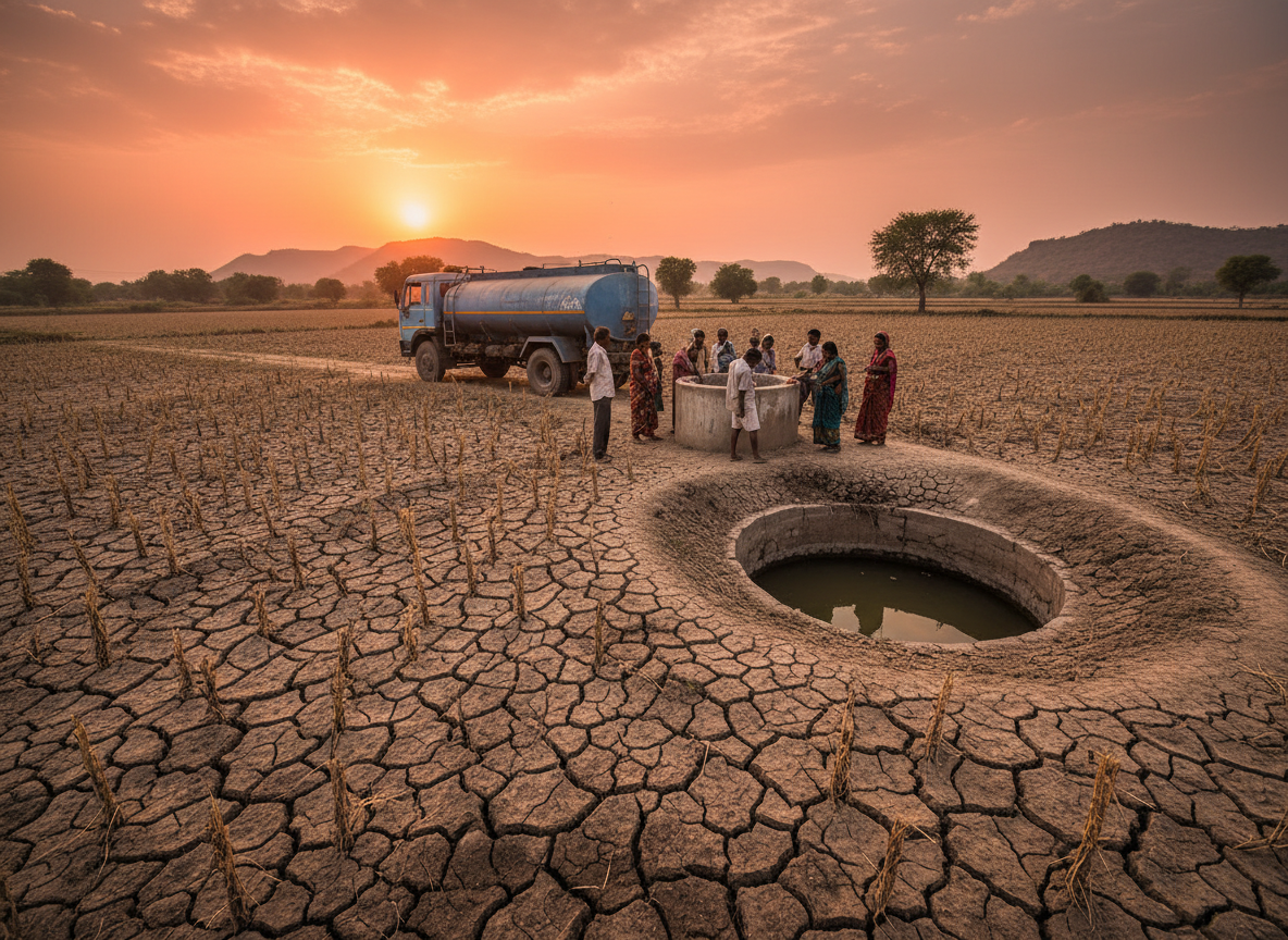 Editorial drought landscape in Chhatrapati Sambhajinagar district Maharashtra, dry farm field, water tanker and low well level, realistic news photography, no text, 16:9
